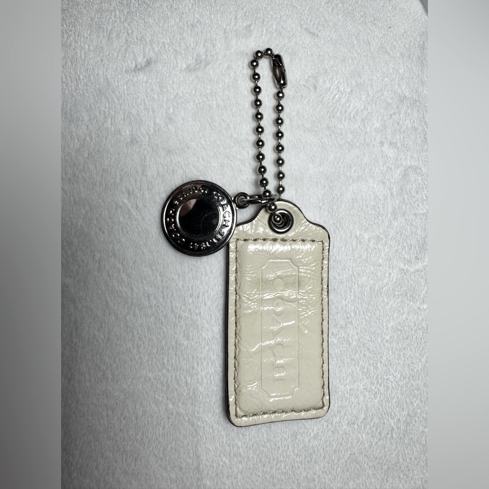 Coach Cream Patent Leather +Silver coloured metal duo tag Bag Tag/ Keychain